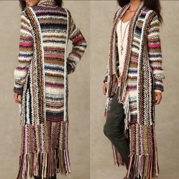 Free People Technicolor Cardigan Size Medium Maxi Fringe Chunky Knit